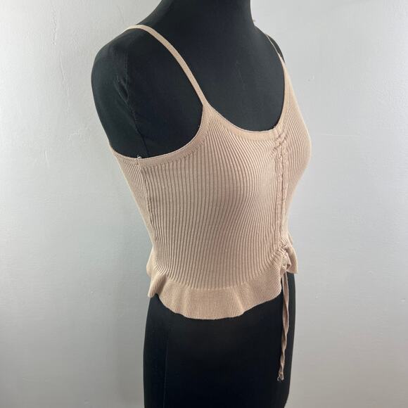 Thinkable Beige Cropped Cami Top Knit Tie Front Ribbed Strap Ruffle Hem XS? - Picture 4 of 9